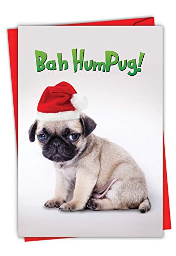 card with Pug puppy in Santa hat and "Bah HumPug!" printed in green