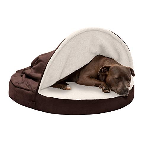 Collie lying in Furhaven gray dog cave with cover edge lifted