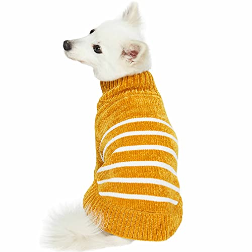 dog wearing Blueberry Pet Chenille Dog Sweater in mustard with white stripes
