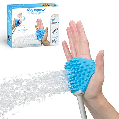 hand wearing Aquapaw Pet Bathing Sprayer with water coming out next to product box