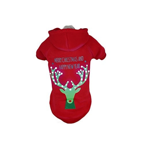 red dog Christmas hoodie with green reindeer silhouette and "Merry Christmas and Happy New Year" text on back