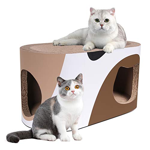 two cats in an oval-shaped cardboard cat house with holes