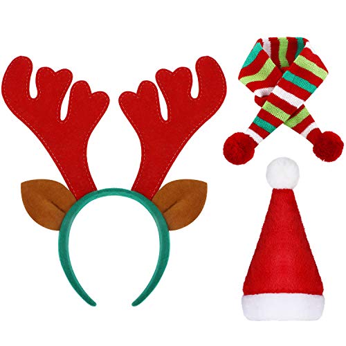 green headband with red antlers, festive striped scarf with pom moms on the ends, and Santa hat