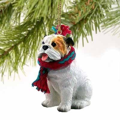 Bulldog Christmas ornament hanging from tree branch