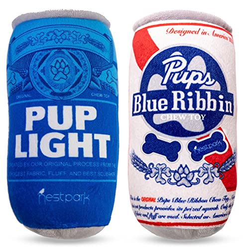 Pup Light and Pups Blue Ribbin squeaky toy beer cans