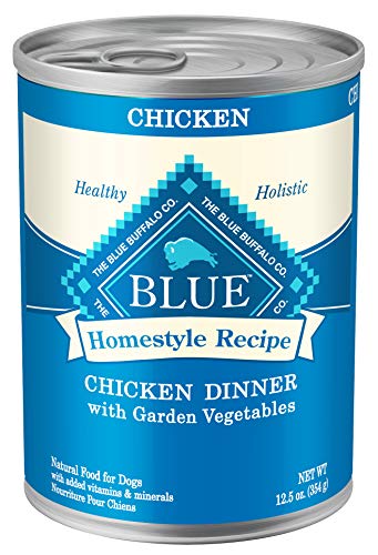 Blue dog food in chicken dinner with garden vegetables variety