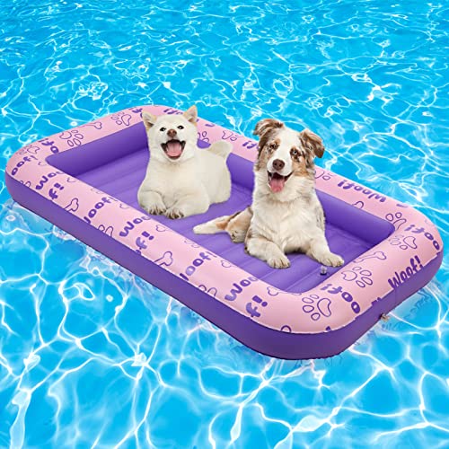 Two dogs on a pink and purple swimming pool