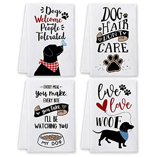 Dog-themed dish towels, set of four with various sayings, gift for dog owners