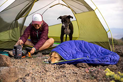 person with two dogs sitting at tent entrance, one dog standing in tent, other dog asleep in Ruffwear Highlands Sleeping Bag