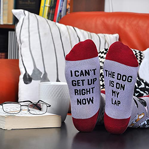 socks reading "I can't get up right now" and "The dog is on my lap" gift for dog owners