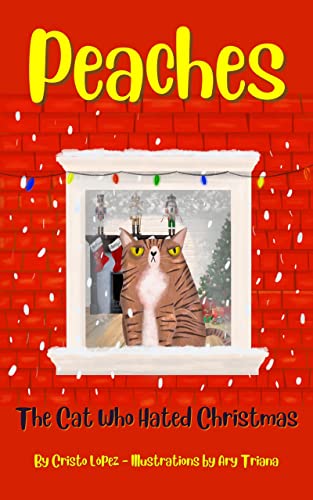 Book featuring cat in holiday-decorated window: 