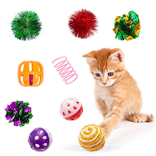 Orange kitten surrounded by a variety of festive crinkle toys