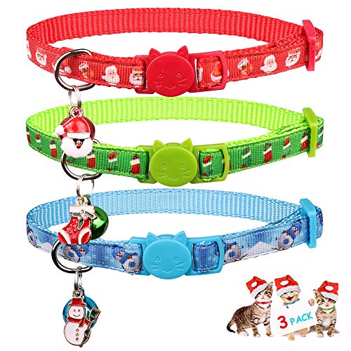 Christmas cat collars in red, green, and blue, with festive charms