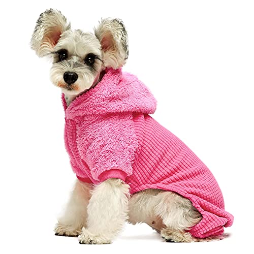 small dog wearing pink thermal onesie