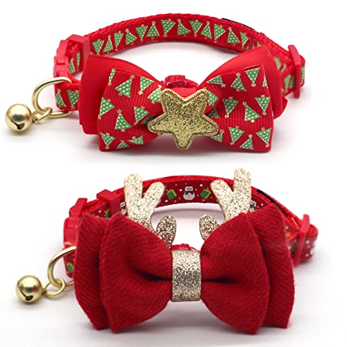 Red Christmas cat collars with a tree pattern and reindeer antlers