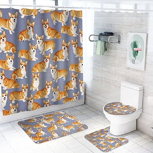 bathroom with shower curtain, bath mat, and toilet seat cover with Corgi dog print