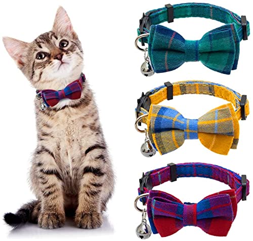 Plaid cat collars with bells and bows in green, yellow, and red