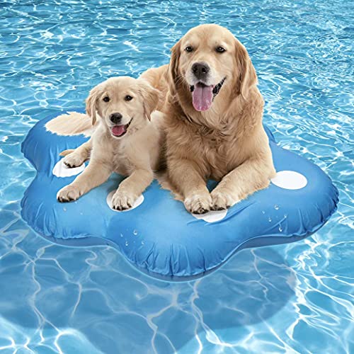 two dogs on paw-shaped pool float