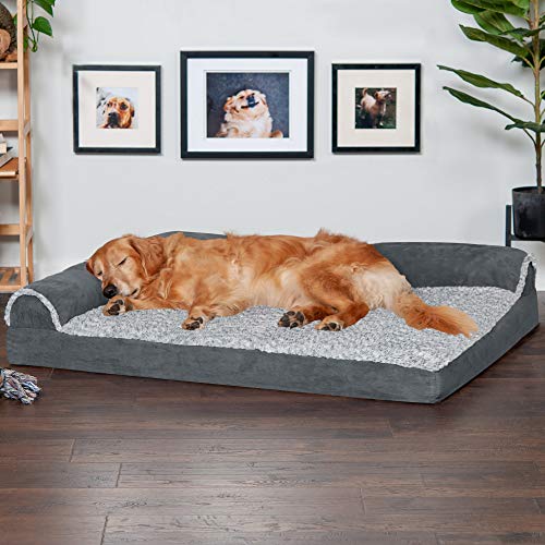 dog lying in gray orthopedic bed with bolsters, helpful for breathing problems