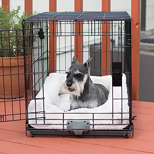 dog lying in crate on white bolstered pad to help with intervertebral disc disease