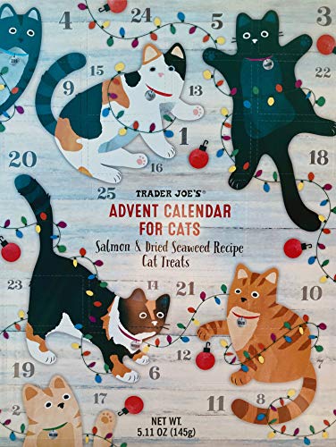Advent calendar for cats featuring cats playing with Christmas lights