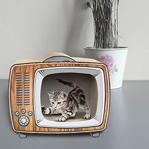 Cat in tv-shaped cardboard cat house