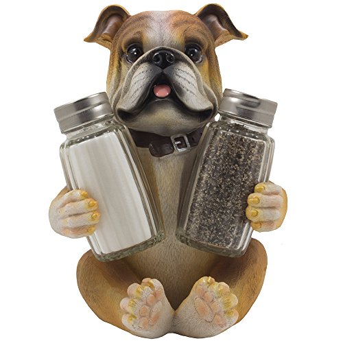 Bulldog holding salt and pepper shakers