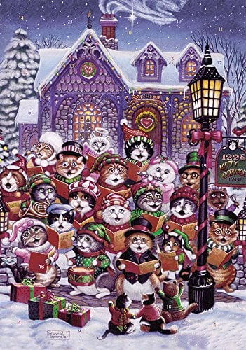 Cat Advent calendar with caroling cats on snowy background