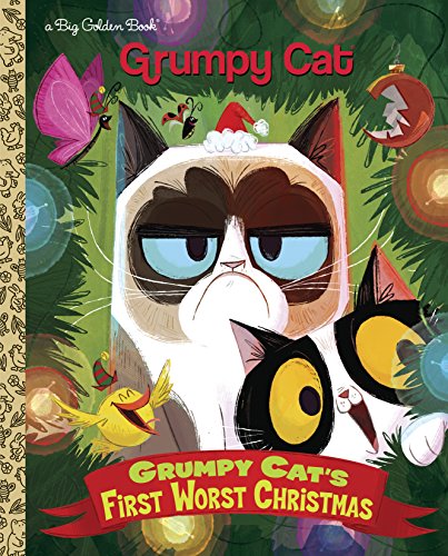 Book featuring grumpy-looking cat in Christmas tree: "Grumpy Cat's Worst Christmas"