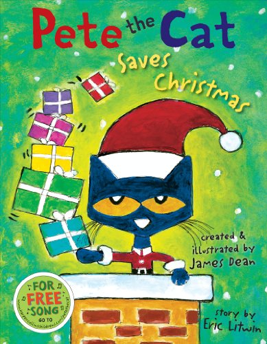 Book featuring cat with santa hat in chimney: "Pete the Cat Saves Christmas"