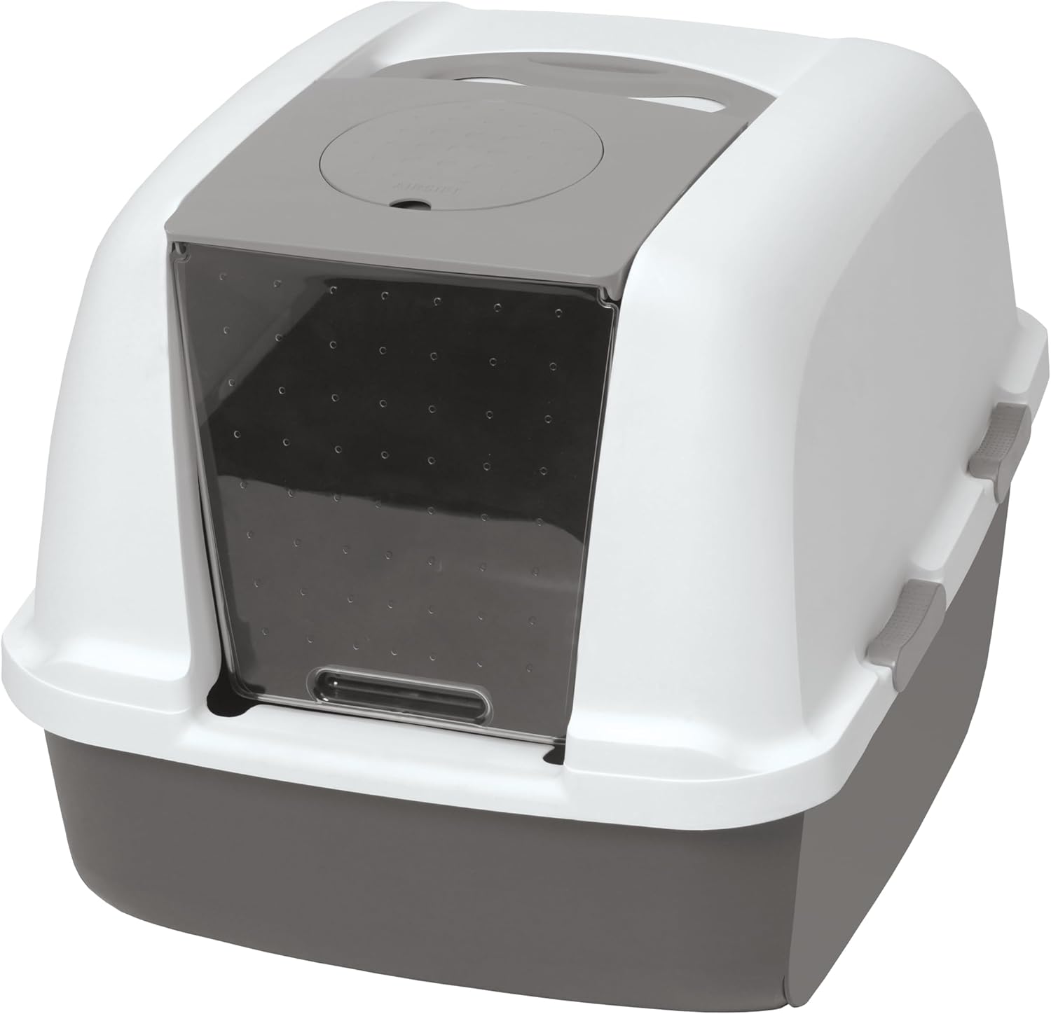 enclosed litter box with gray base and white top
