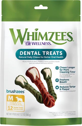 A white, green and blue bag of dental dog treats 