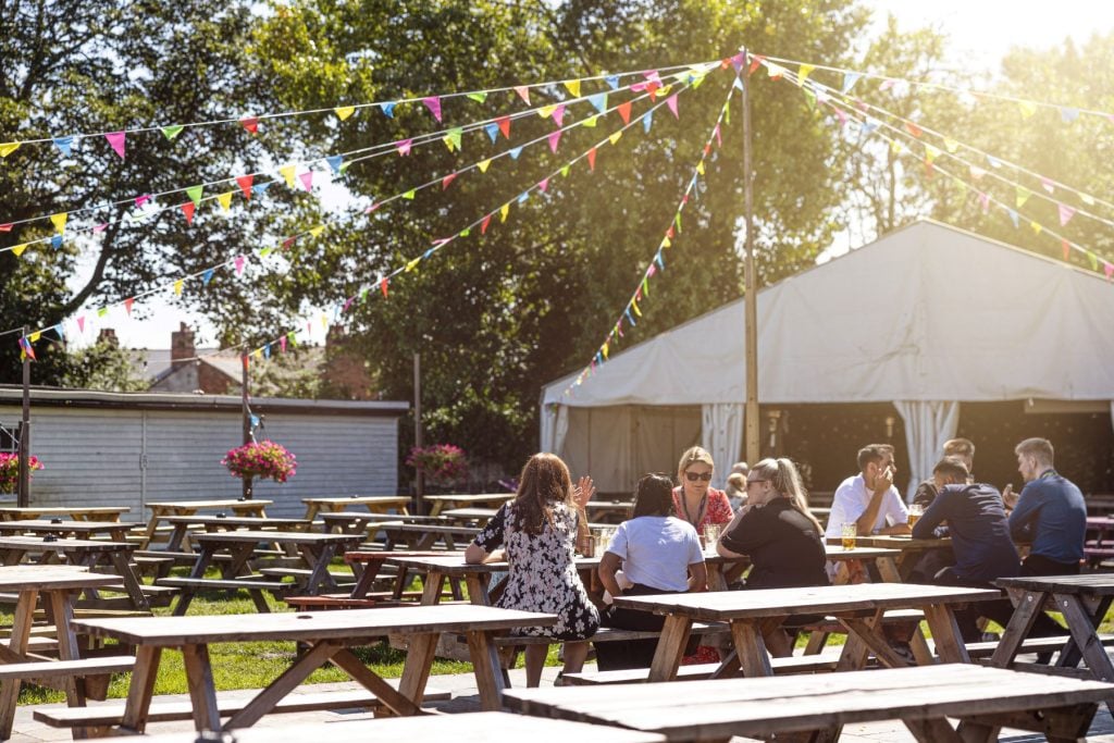 Pub garden with group of friends, The British Oak, Stirchley