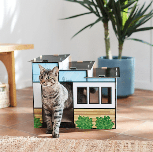 Modern cardboard cat house with stairs
