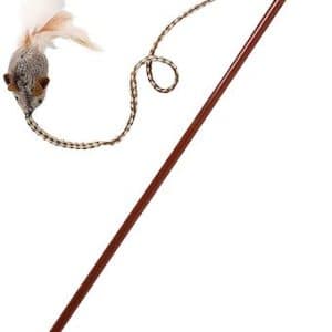 Neutral-colored cat teaser wand with mouse toy on the end.
