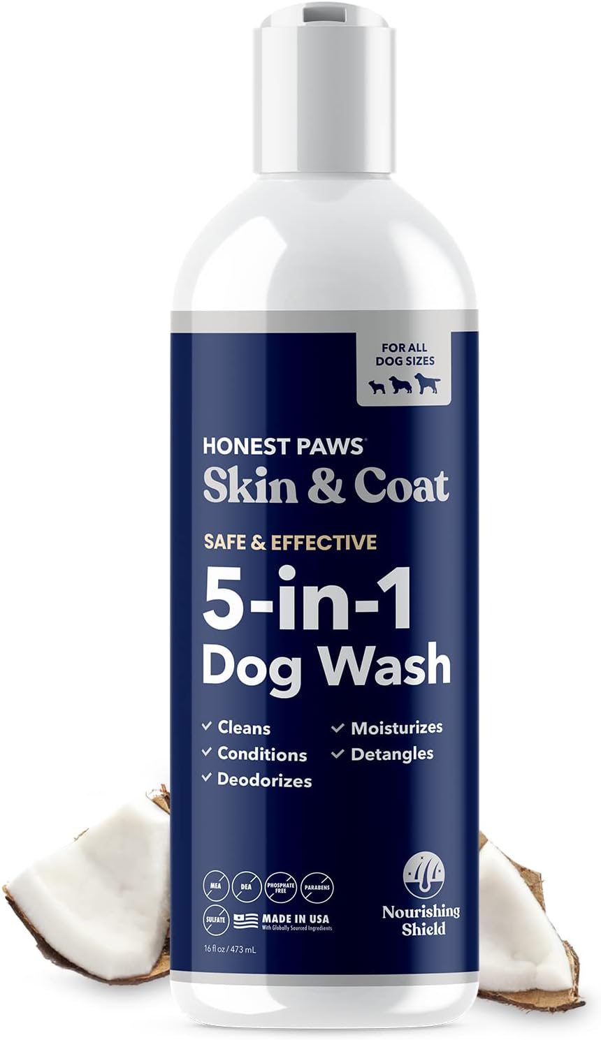 A white and navy slim dog shampoo bottle with two coconut slices at the bottom.