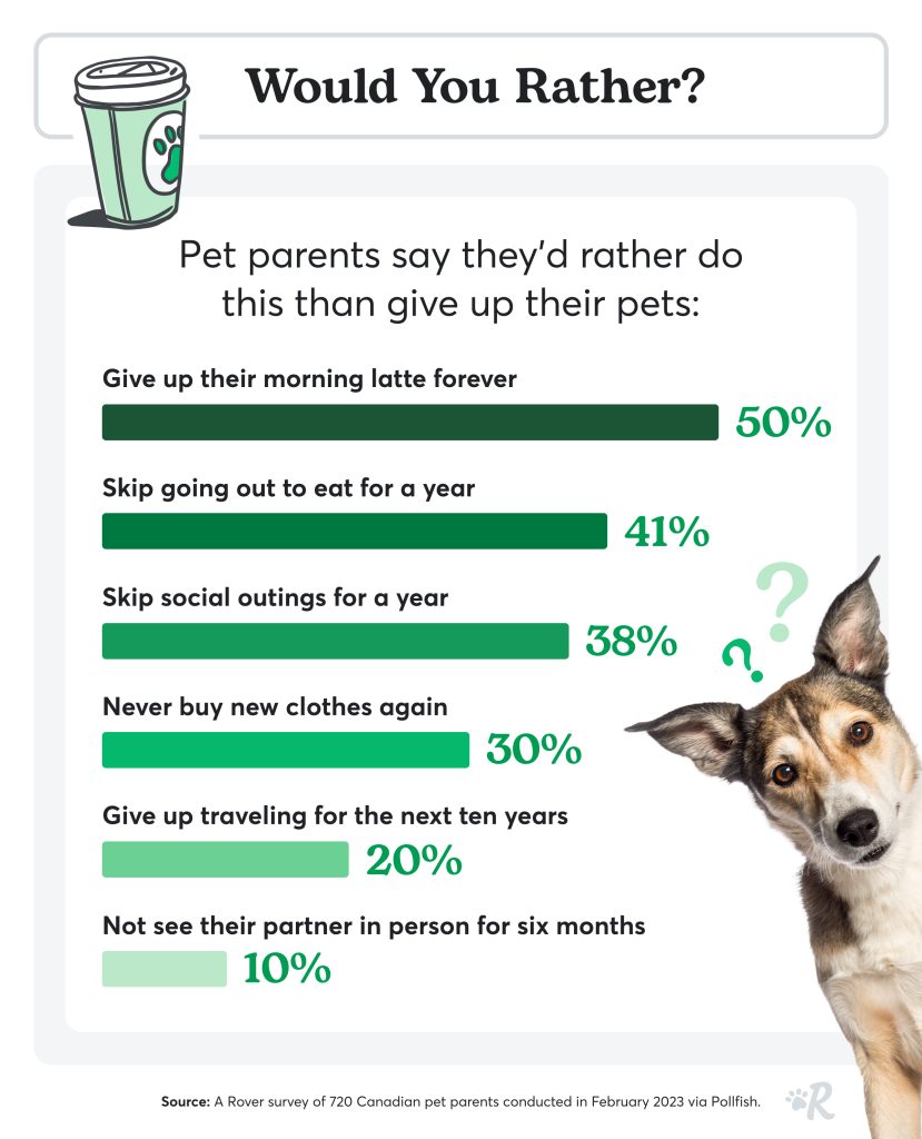 A bar chart with green bars and a dog to show things dog parents would rather give up than their dog.