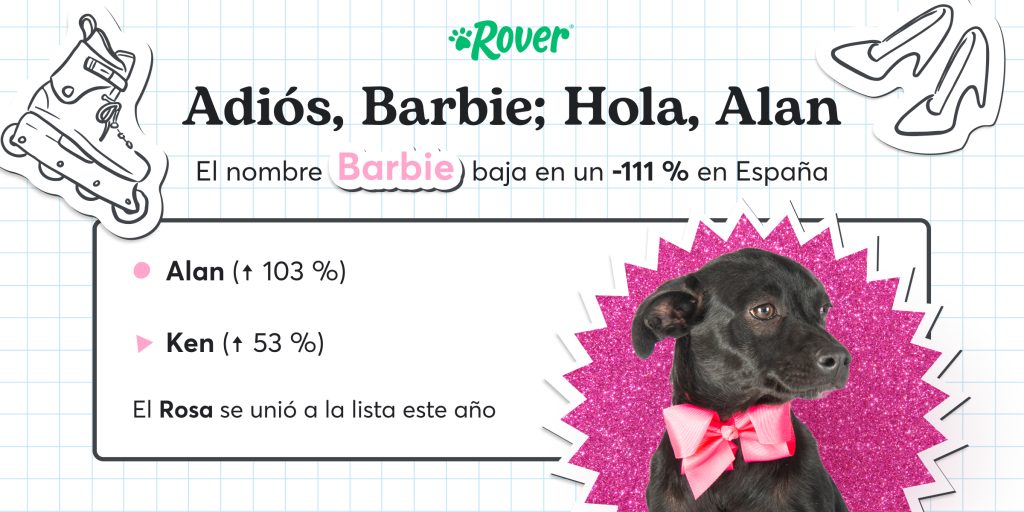 infografía de nombres de perros populares inspirados por Barbie. A la derecha perro negro con papillón rosa. 