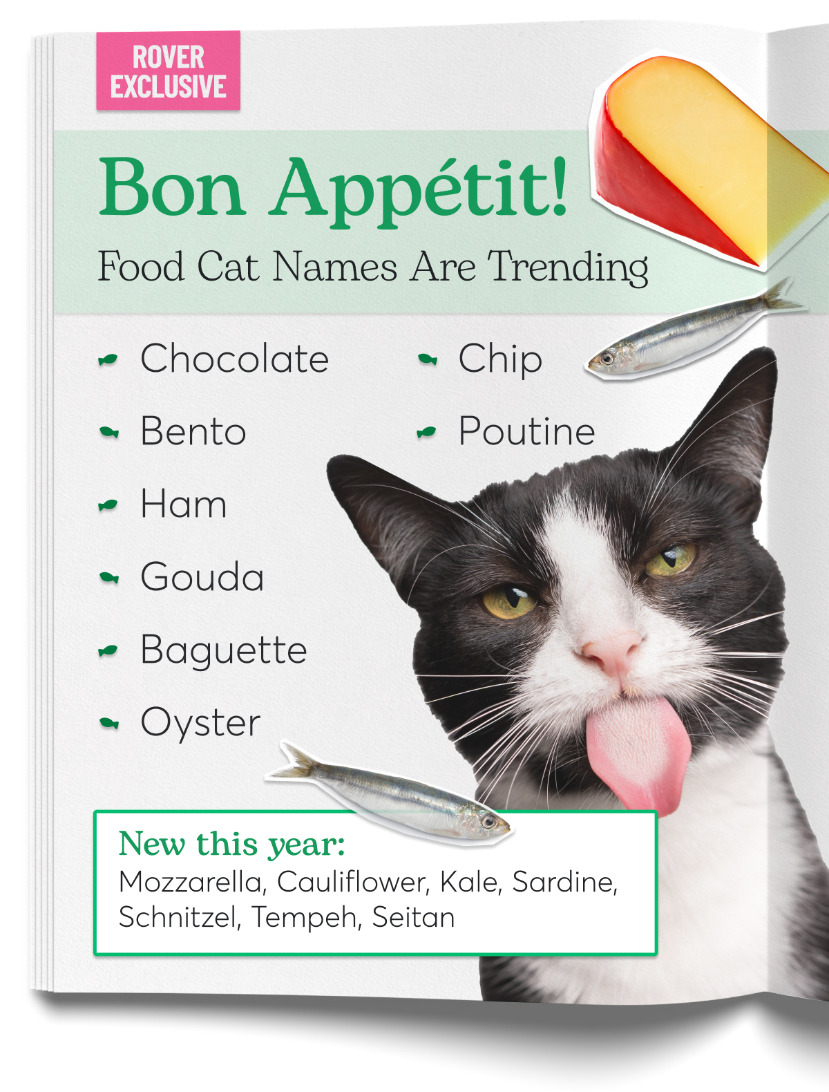 A cat with its tongue out next to a list of food-inspired cat names