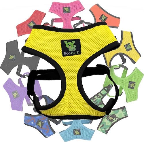 A bright yellow and black dog harness in the middle of a circle of colorful harnesses. 