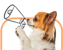 A dog holding an illustrated megaphone