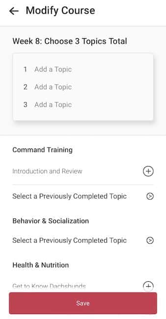 A "modify course" screen from the GoodPup app