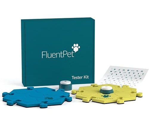 FluentPet dog talking button tester kit for review, with two buttons and one yellow and one blue foam mat