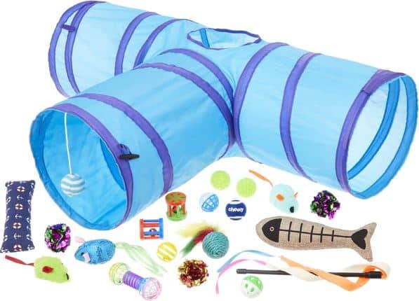 Frisco blue t-shape cat tunnel with assorted toys