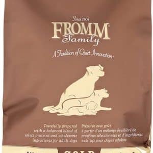 A brown and gold bag of Fromm weight management dry dog food.