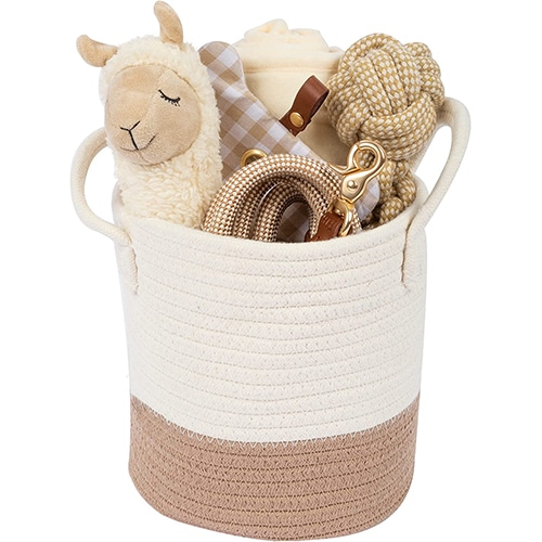 Rope basket filled with eco-friendly dog toys