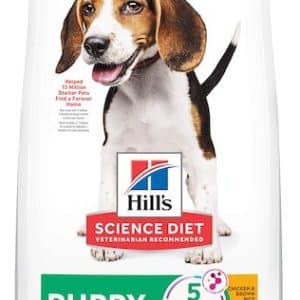 A green and white bag of Hill's Science Diet puppy food.