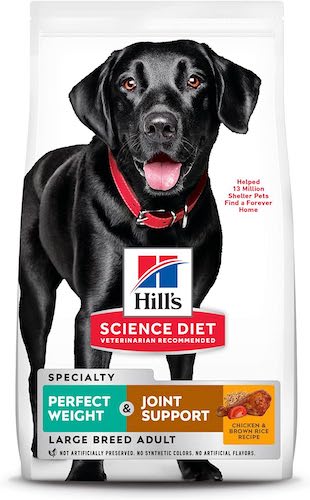 A bag of Hill's Science Diet weight and joint support dry dog food.