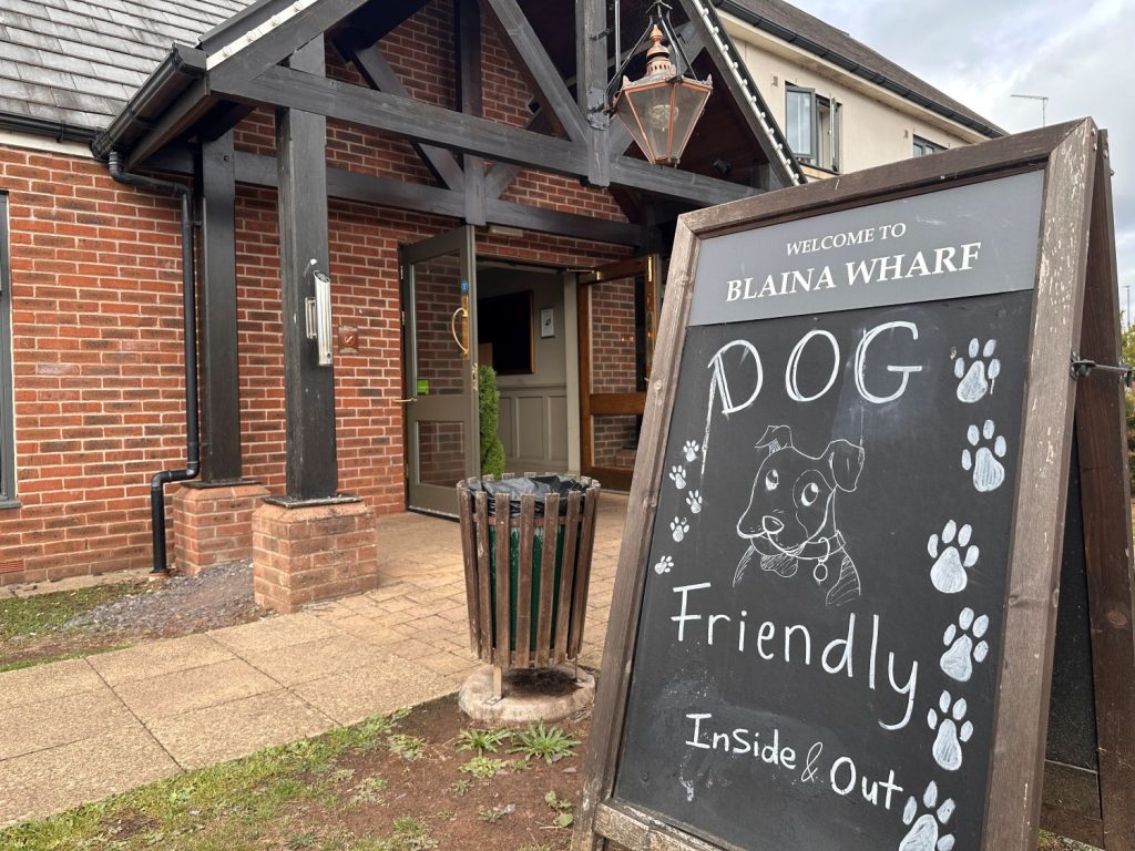 Front of the Blaina Wharf with dog friendly sign