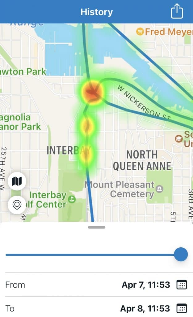 Screenshot shows a heatmap of a map in Seattle. Hot-spots are shown in certain areas where the user was stuck in traffic.